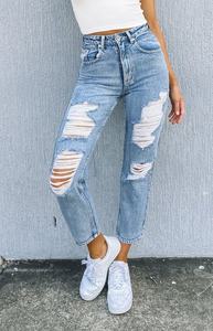 Jeans de Mezclilla Azul Desgastado de Talle Grande para Mujer, Corte Boyfriend, Cintura Media, Pierna Recta, Estilo Casual de Primavera - Product Image 4