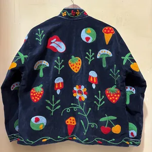 Chaqueta de Terciopelo Azul Oscuro con Bordado a Mano Estilo Vintage para Mujer, Cuello Mandarín, Mangas Largas, Abertura Frontal, Abrigo Casual de Invierno - Product Image 2