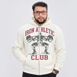 Sweat-shirt à capuche zippé en tricot gaufré crème pour homme, imprimé graphique lettres sur le devant, style streetwear et gym - Product Image 1