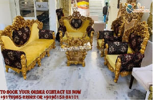 Juego de sofás de acabado dorado antiguo para el hogar, conjunto de sofás de madera de teca dorada tallada a mano, muebles de sala de estar con acabado dorado tallado pesado - Product Image 2