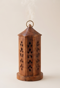 Natural Wood <b>Incense</b> <b>Cone</b> Holder Diamond Cutout Lantern Tower Burner Ash Catcher with Ring Handle - Product Image 4