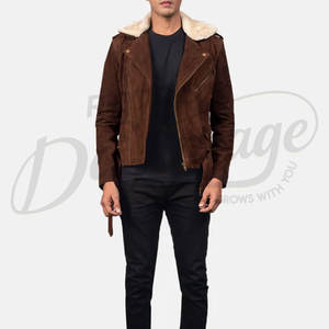 Chaqueta de Motociclista de Gamuza Marrón Chocolate Premium para Hombre, Chaqueta de Cuero Genuino con Cierre Asimétrico y Cinturón, con Cuello de Piel - Product Image 3