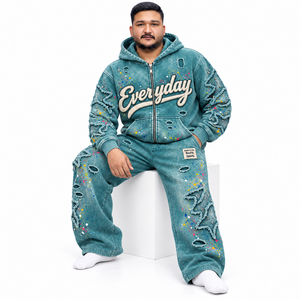Washed Distressed Hoodie Tracksuit Set Men Street Style Ripped Paint Applique Embroidery <b>Full</b> <b>Zip</b> <b>Sweatshirt</b> Pants Custom Label - Product Image 1