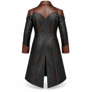 <b>Men's</b> Gothic Leather <b>Trench</b> <b>Coat</b> Black Brown Two Tone Long Overcoat with Metal Buckles - Product Image 2