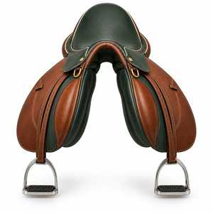 Selle d'équitation anglaise traditionnelle pour l'équitation et les sports équestres, selle anglaise en cuir vert et marron avec étriers - Product Image 3