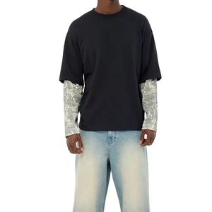 Men's Oversized <b>Black</b> <b>T</b>-<b>Shirt</b> With Contrast Marble Sleeve Design Casual O-Neck Jersey Fit - Product Image 1