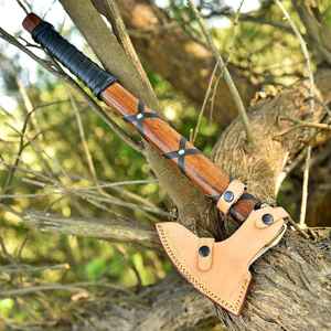 Handmade Tomahawk Axe With Wooden Handle And Black <b>Leather</b> Wrap Forged Steel Blade Survival Hatchet Outdoor Camping <b>Tool</b> - Product Image 5