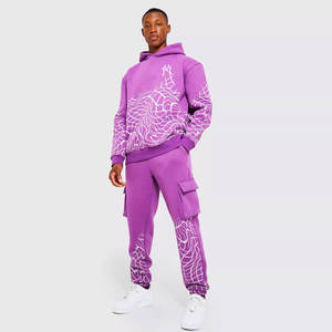 Sweat-shirt à capuche pour homme, imprimé géométrique violet, streetwear, manches longues, avec poches cargo, vêtements décontractés d'automne - Product Image 1