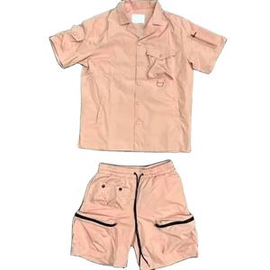 OEM Custom Logo Summer Streetwear 2 Piece Quick Dry Breathable Short <b>Shirt</b> Set <b>Men</b> Cargo Tracksuit Button 100% Cotton Shorts - Product Image 1