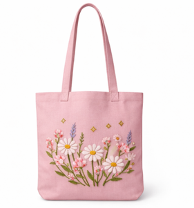 Bolsa de Mano de Lona Rosa con Logotipo Personalizado, Diseño Floral Bordado, Asa Larga, Tamaño Mediano, para Uso Diario y Compras - Product Image 1