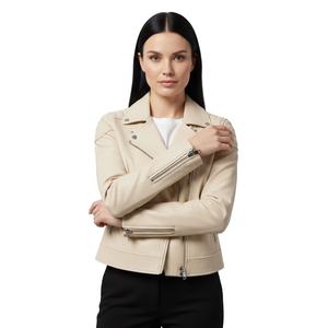 Professional Grade Cream Leather Biker Jacket <b>Women</b> Custom Motorbike Style Bulk Wholesale Genuine Leather Supply Factory Price - Product Image 1