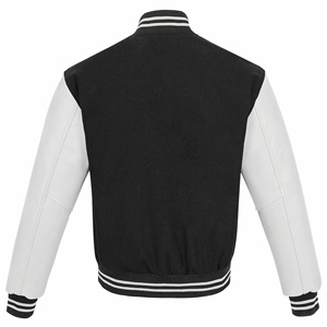 Veste varsity pour homme en laine 100% noire avec manches en cuir blanc, col en V, fermeture à boutons, coupe-vent, streetwear d'hiver - Product Image 2