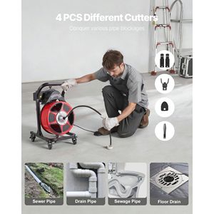 Macchina per la pulizia degli scarichi 4-in-1 con alimentazione manuale, fresa a spirale da 50 FT x 1/2 pollice su ruote, 4 frese, attivazione ad aria e interruttore a pedale - Product Image 5