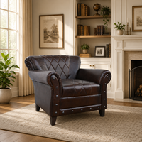 Fauteuil Chesterfield en cuir véritable de qualité supérieure avec dossier capitonné, accoudoirs roulés, pieds en bois massif, marron, classique, pour salon