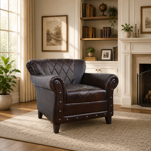 Premium Genuine Leather Chesterfield <b>Wing</b> <b>Chair</b> with Button Tufted Back Rolled <b>Arms</b> Solid Wood Legs Brown Classic Living Room - Product Image 6