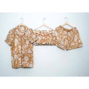 Conjunto de Pijama Personalizado de Algodón Orgánico Puro, Transpirable, Suave, Elegante y Lujoso, con Cuello en V, Estampado Ikat, Manga Corta, Cintura Elástica, de Secado Rápido para Mujer - Product Image 4