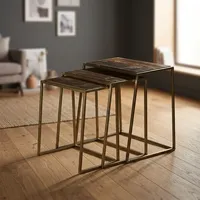 Ensemble de trois tables basses modernes, plateau en bois, structure en métal doré, meubles de salon