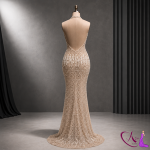 Vestido de noche con cuello halter y cuentas color champán para mujer |   Vestido de fiesta largo sin mangas estilo sirena |   Diseño Formal Hecho a Mano - Product Image 2