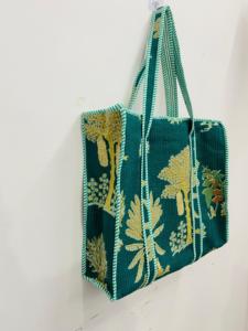 Teal Handmade Quilted Cotton <b>Boho</b> Tote Women Large Nature Print Drawstring Closure Shoulder Carry <b>Bag</b> for Wholesale Supplier - Product Image 1