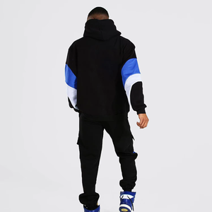 Men's Black Color Blocking Hooded Sweatshirt Set with Red Logo Streetwear Tracksuit Full Sleeve Loose Fit Autumn Wear - Product Image 2
