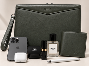 Pochette de luxe en cuir véritable pour homme avec logo, fermeture éclair, pochette de poignet, organiseur fin pour téléphone, portefeuille, passeport, voyage, bureau - Product Image 4