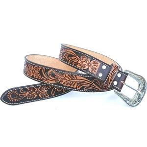 Cinturón de herramientas de cuero occidental elegante para hombre con grabado floral tallado a mano marrón y negro con cinturón de vaquero con hebilla de latón de diseñador - Product Image 3