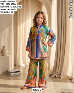 Kids Floral Printed Mal Satin Tunic Set With Wide Leg Pants V-Neck Full Sleeve Vintage Style All Seasons Wear - Product Image 5