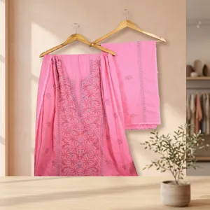 Unstitched Baby Pink <b>Chikankari</b> Cotton <b>Suit</b> for Women Hand Embroidered Design - Product Image 5