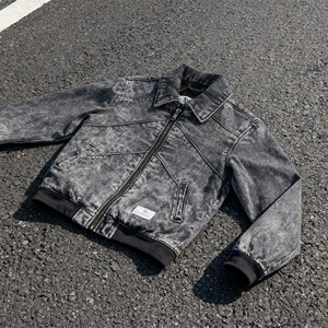 Veste en jean vintage noire streetwear à revers et ourlet côtelés, col Byron, qualité supérieure, pour hommes et femmes - Product Image 3