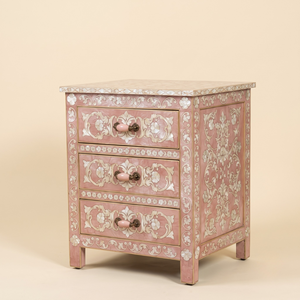 Mesa de Noche de Lujo con 3 Cajones y Tapa de Nácar, Diseño Floral Moderno Hecho a Mano, Color y Tamaño Personalizables - Product Image 1