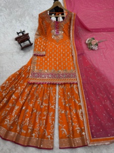Vestido de Novia de Diseño Moderno, Hermoso, Rosa Dorado, Bordado a Mano, de Secado Rápido, Tradicional Indio, Exquisito, de Faux Georgette, de Pakistán - Product Image 3