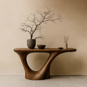 โต๊ะคอนโซลไม้สไตล์โมเดิร์นพร้อมฐานทรงออร์แกนิกที่มีศิลปะ โต๊ะตกแต่งทางเข้าร่วมสมัยสำหรับห้องนั่งเล่นและโถงทางเดิน - Product Image 1