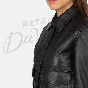 Women Black Real Leather <b>Jacket</b> Shirt Collar Slim Fit Premium Sheepskin Casual Winter <b>Bomber</b> Style Outerwear Zip Up Coat - Product Image 6
