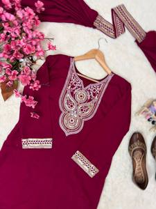 Women's Maroon Cotton Embroidered <b>Kurta</b> Set With Tassel Detailing Fit Traditional <b>Indian</b> Pakistani Casual Wear Floor-Length - Product Image 5