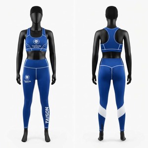 Ensemble Legging et Soutien-Gorge BJJ Personnalisé 260g Tissu 100% Coton Extensible Bretelles en Y Col Montant Panneaux Contrastants Bleu Blanc Cristal - Product Image 1