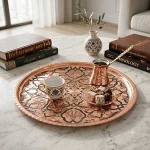 Bandeja Redonda de Cobre Grabada Vintage con Patrón Floral Arabesco, Estilo Otomano Turco, Plato Decorativo de Metal para Servir - Product Image 4