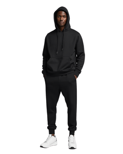 Men's <b>Black</b> Hooded Tracksuit Full Length Solid Color Cotton Sweatshirt and <b>Pants</b> Set Casual Autumn Wear with Side Pockets - Product Image 1