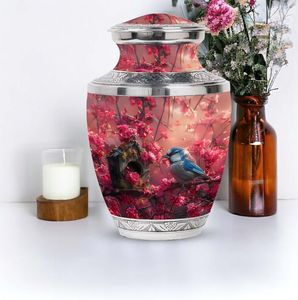 Customized Aluminum Cremation Urn Metal <b>Memorial</b> <b>Keepsake</b> Vase Floral Bird Pattern for Adult Remembrance - Product Image 1