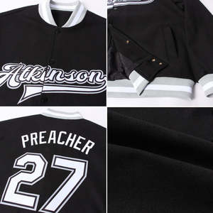 Chaqueta Varsity Personalizada de Fábrica para Hombre, Chaqueta Bomber de Béisbol Negra Premium con Tejido de Canalé, Logotipo Frontal OEM, Ropa Urbana con Nombre y Número Personalizados - Product Image 3