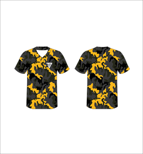 Maillot de baseball personnalisé pour homme, noir et jaune camouflage, impression sublimée, polyester respirant, manches courtes, coupe classique - Product Image 1