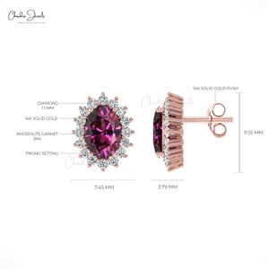 Boucles d'oreilles clous minimalistes en or massif 14 carats avec grenat rhodolite et diamants 0,22 CTW, pierre de naissance de janvier, bijoux fins, vente chaude - Product Image 5