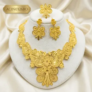 Antique 18K One Gram Gold Plated Women's Latest Stylish Design Short Necklace Set Earrings Rings Flower Shape Brass Jewellery - Product Image 1