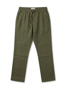 Pantalon décontracté pour homme en coton léger, vert olive, avec cordon de serrage à la taille, style été, devant plat - Product Image 4