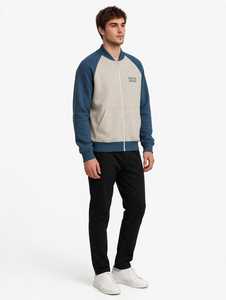 เสื้อแจ็คเก็ตวินเทจแบบมีฮู้ด แบรนด์ Oneten Apparel รุ่น Unisex สีเบจ-น้ำเงิน แต่งลายปักการ์ตูน แขนเสื้อแบบแร็กแลน ซิปหน้า เหมาะสำหรับฤดูใบไม้ร่วง - Product Image 1