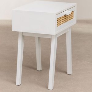 Mesita de Noche de Madera Blanca con Ratán, Mesa Auxiliar Minimalista con Almacenamiento para Dormitorio, Apartamento u Hotel - Product Image 2
