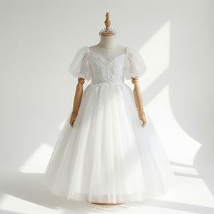 Robe de soirée romantique en tulle pour filles, col illusion, manches bouffantes transparentes, robe de mariée - Product Image 1