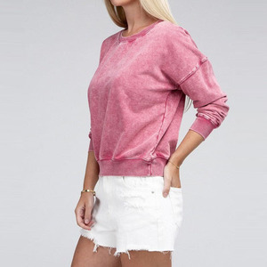 Sudadera de cuello redondo para mujer, con forro de punto, lavado ácido, estilo casual, para invierno y primavera, manga larga, 100% algodón, estilo urbano - Product Image 2