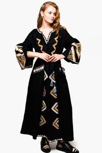 Vestido Maxi de Algodón Bordado Estilo Boho para Mujer, Diseño Geométrico Negro, Cuello en V, Manga con Borlas, Cintura Ajustable con Lazo, Vestido Étnico - Product Image 3