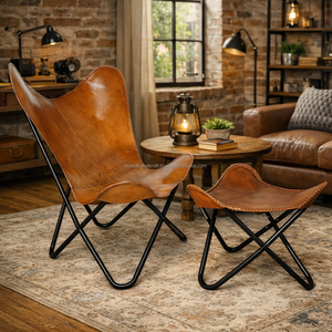 Taburete de Cuero de Búfalo Hecho a Mano con Estructura de Hierro Plegable, Acabado Vintage y Diseño Artesanal para Sala de Estar - Product Image 2