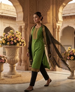Green Kanchi Cotton <b>Kurta</b> Set With Zari Work Dupatta For <b>Women</b> Traditional Indian Wear Ankle-Length Regular Fit Wrinkle Free - Product Image 2